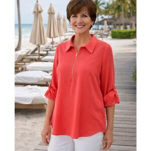 Simply Noelle Women's Small Vibrant Coral Half-Zip Roll-Tab Sleeves Blouse
